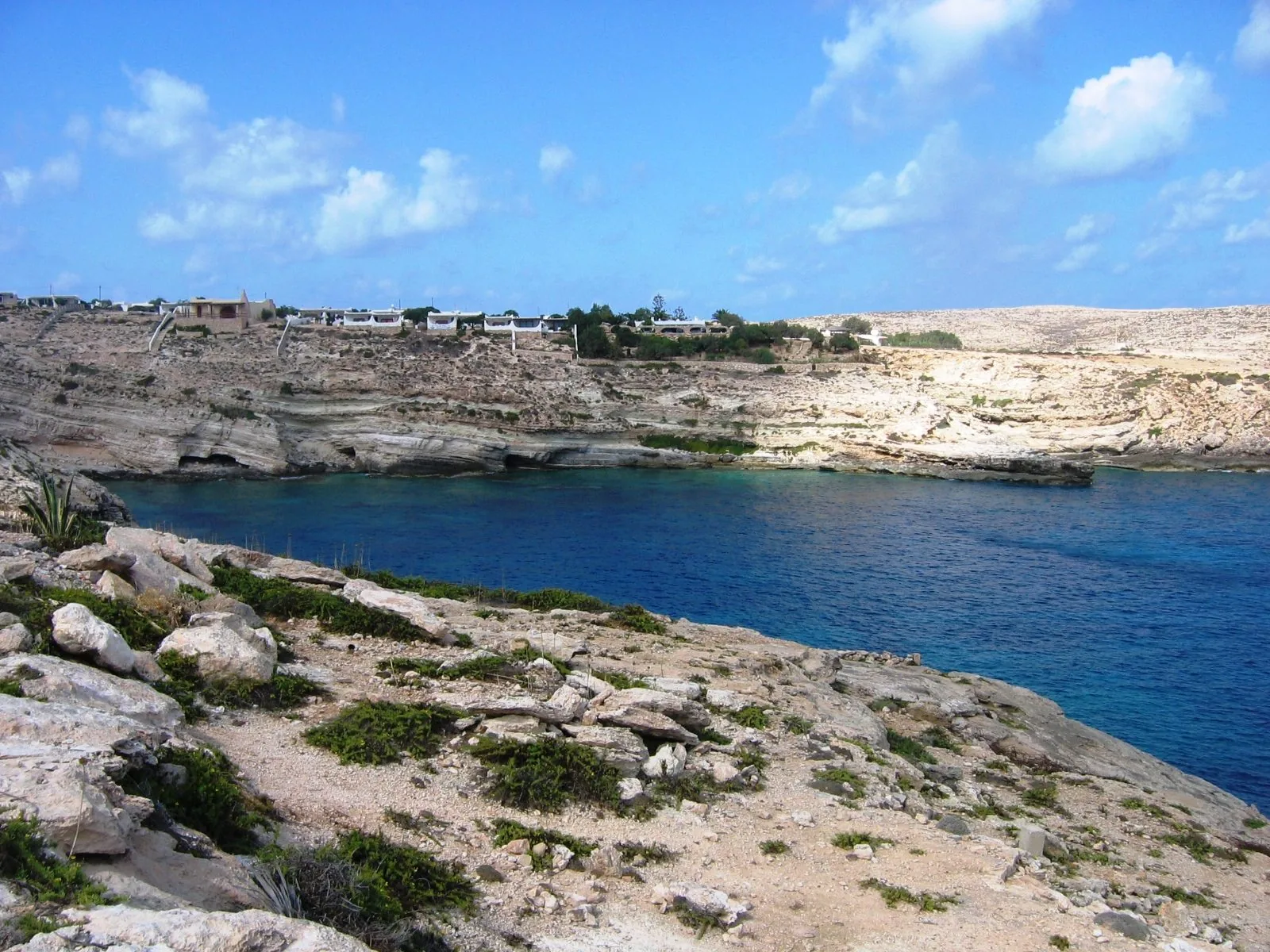 Un'insenatura dal mare blu tra rocce chiare e macchia bassa